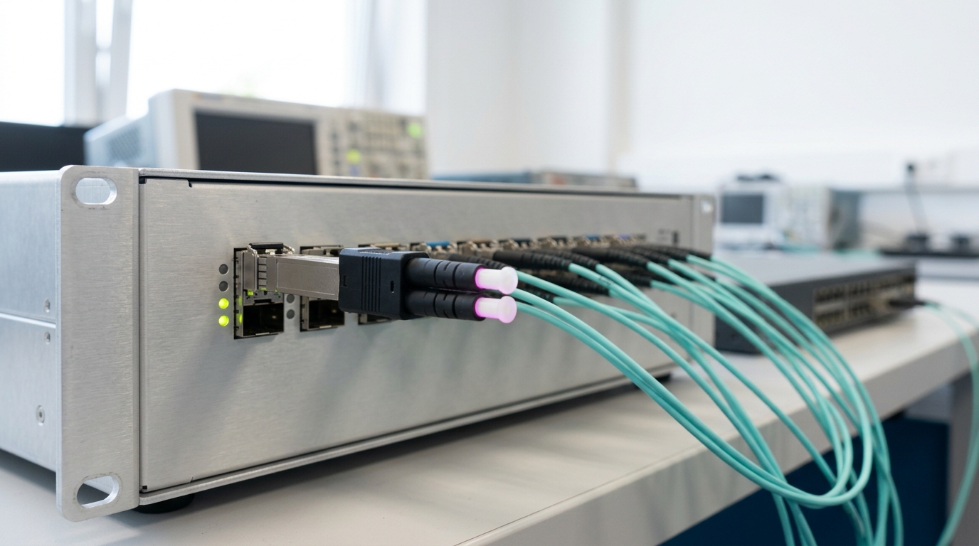 A benchtop traffic generator and analyzer wired into a switch port under test, one fiber connector caught mid-plug into the generator's output while the port beside it already glows with a steady activity indicator