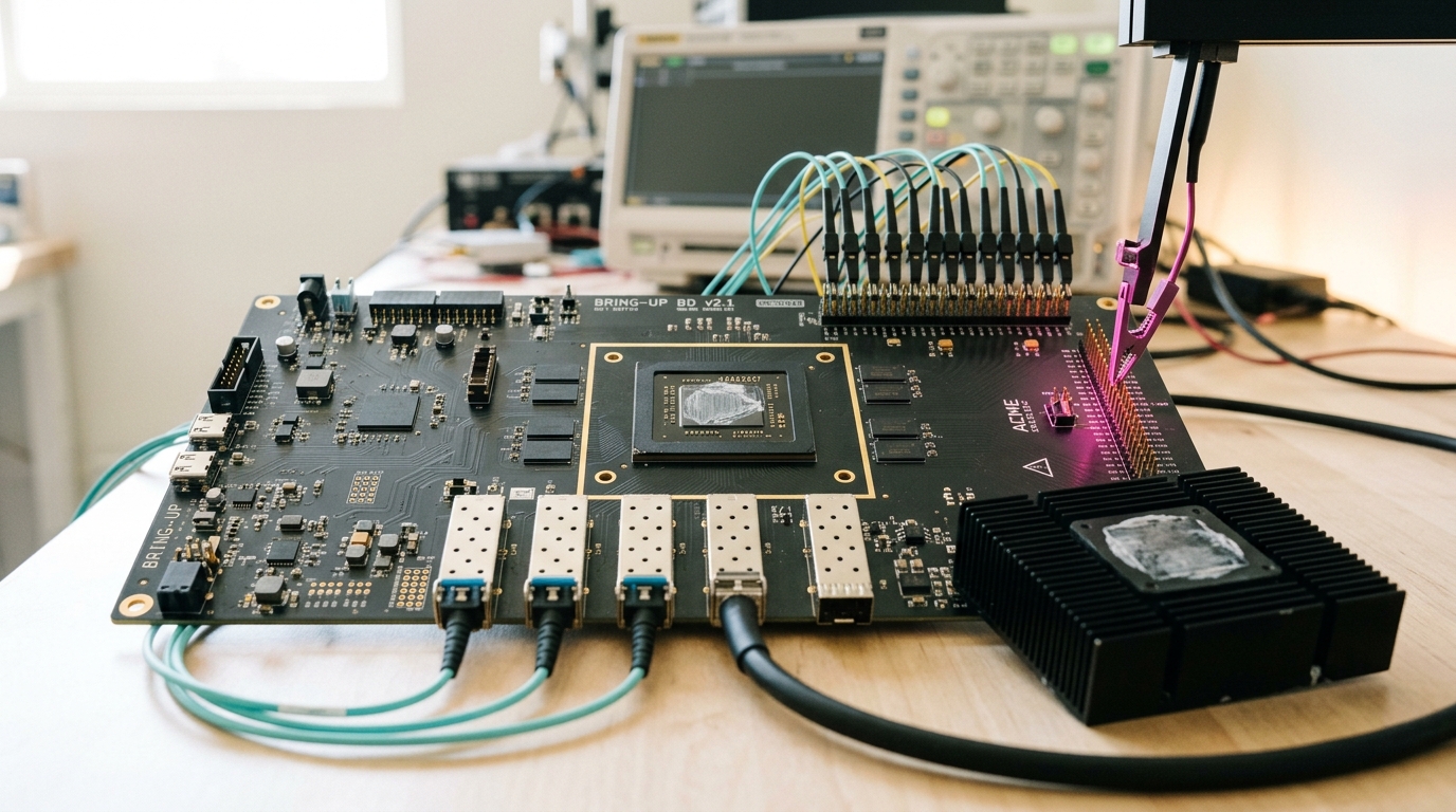 A switch ASIC bring-up board on a bench with its heatsink lifted clear, logic-analyzer probe clips landing on a row of debug header pins while fiber and DAC leads run off the board's front edge