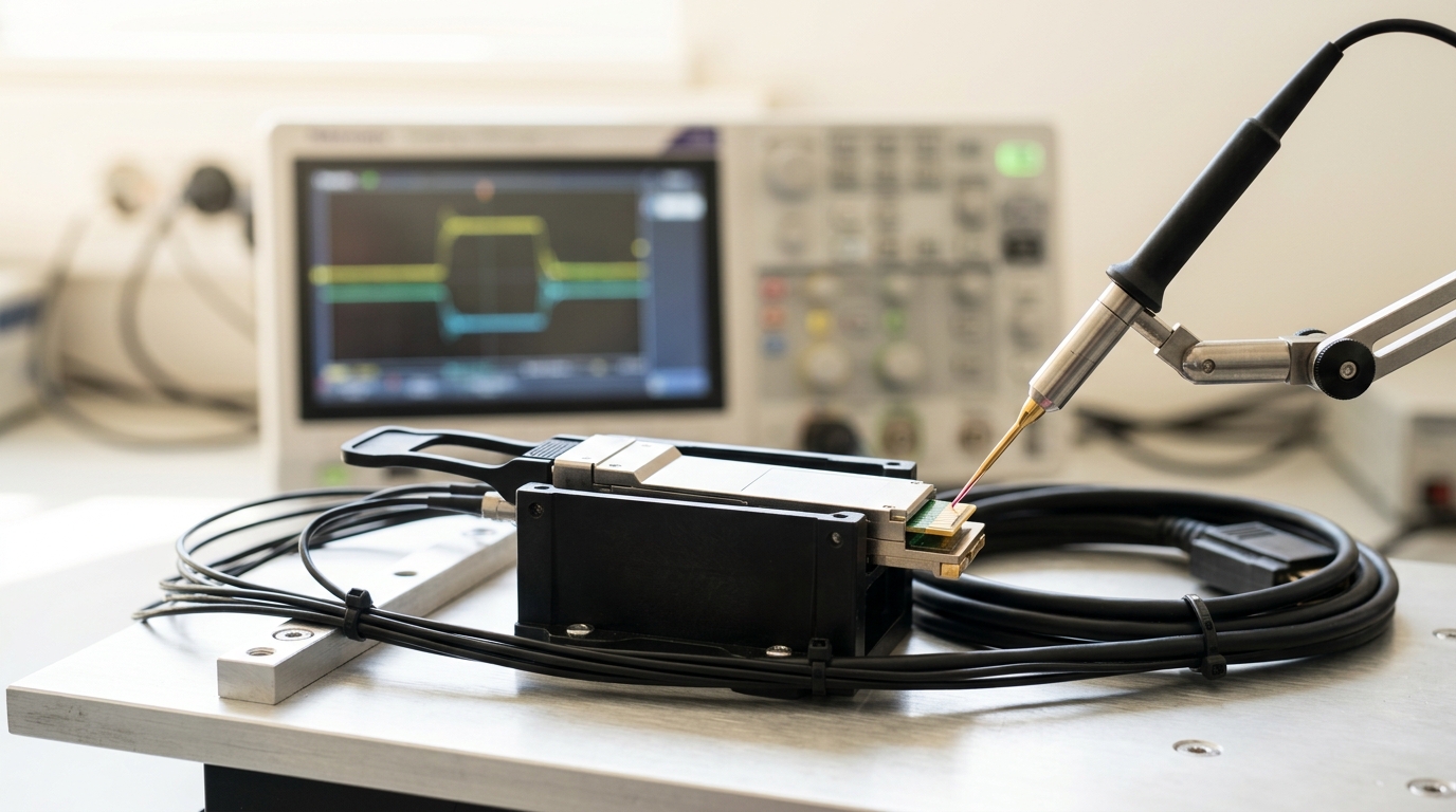 A QSFP-DD optical transceiver seated in an open test cage on a signal-integrity bench, a high-speed probe tip caught just above its test point with a sampling oscilloscope glowing softly out of focus behind it