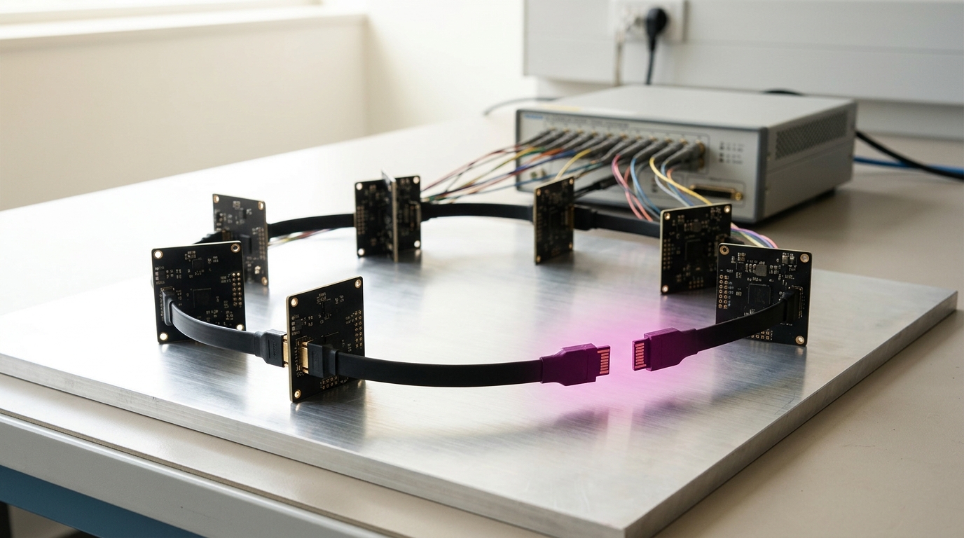 Six small accelerator-interconnect eval boards cabled edge to edge in a ring on a bench, wired to a multi-channel trace-capture recorder, with the final cable caught just short of closing the loop