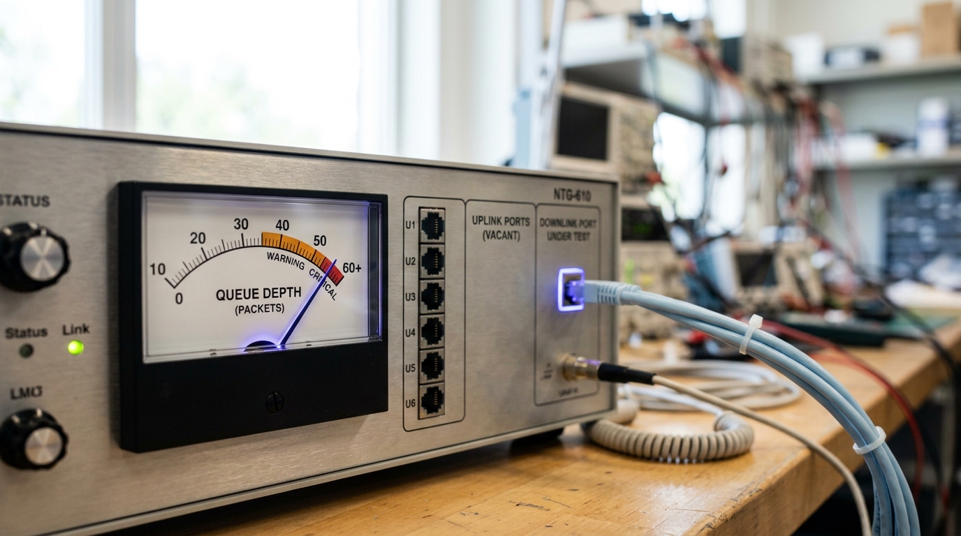 A benchtop traffic-generator instrument with a queue-depth needle rising into its marked band while a single downlink port is fed from many upstream cables at once.