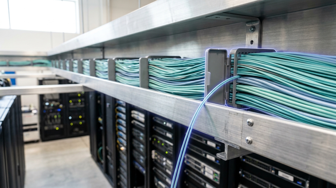 A trunk-cable dressing point in a fabric aisle where several rack groups' uplinks converge into one bundle, one strand still being dressed into the run.