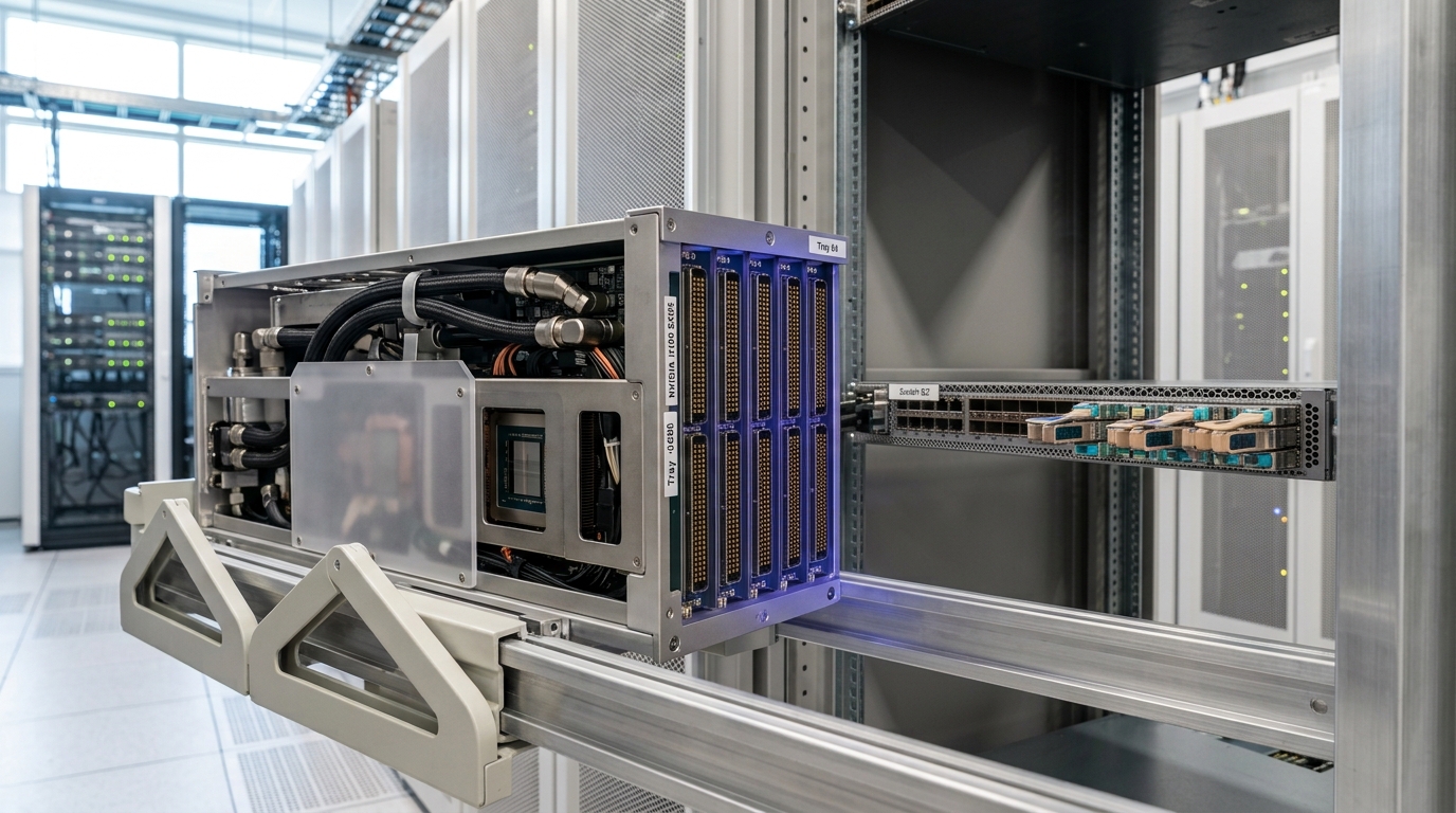 A liquid-cooled GPU compute tray half-slid into an open rack, its NVSwitch backplane connectors partly seated while the rack's rear cabling waits to be dressed.