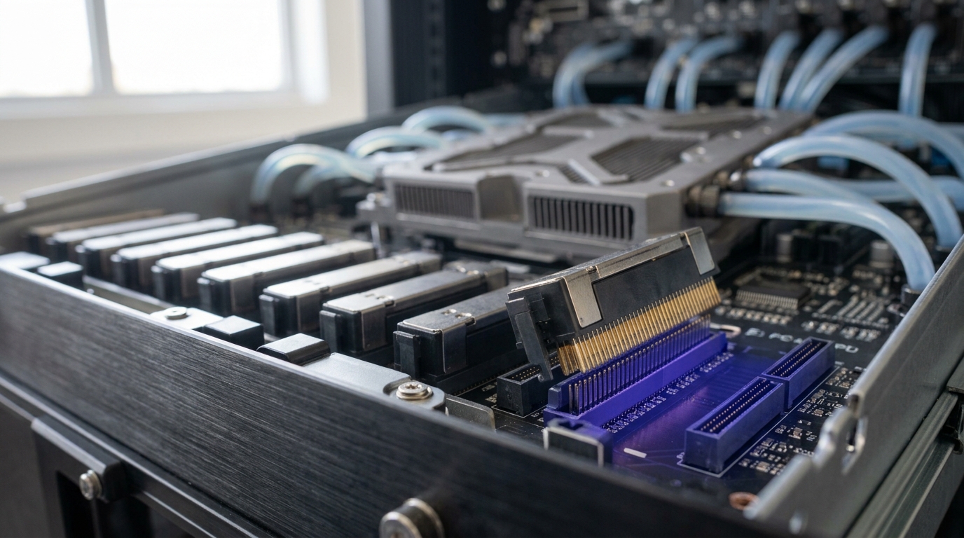 Close view of an NVSwitch backplane connector row being mated inside an open compute tray, one connector still slightly proud of its seat.