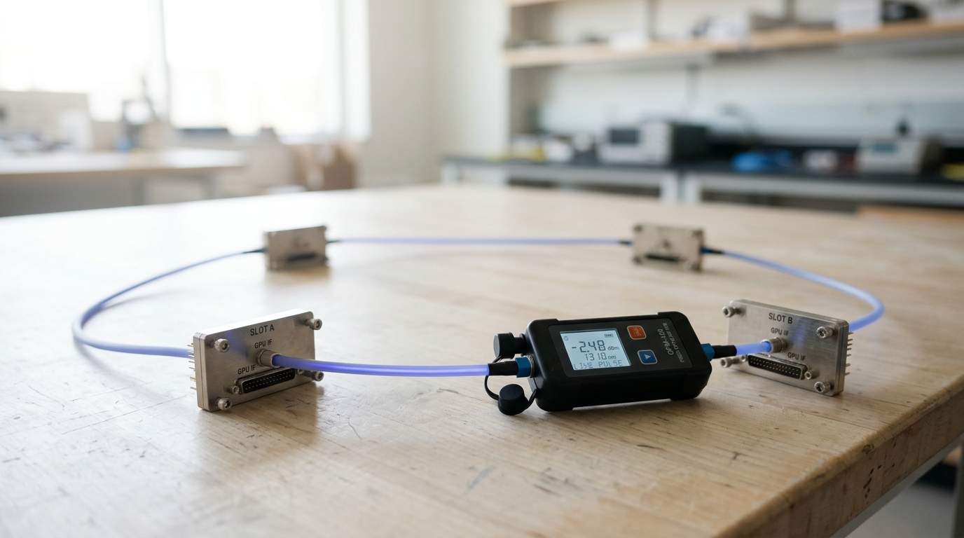 A benchtop cable-loop rig tracing a message around a short ring of GPU trays, one segment lit as the pulse currently passing through it.