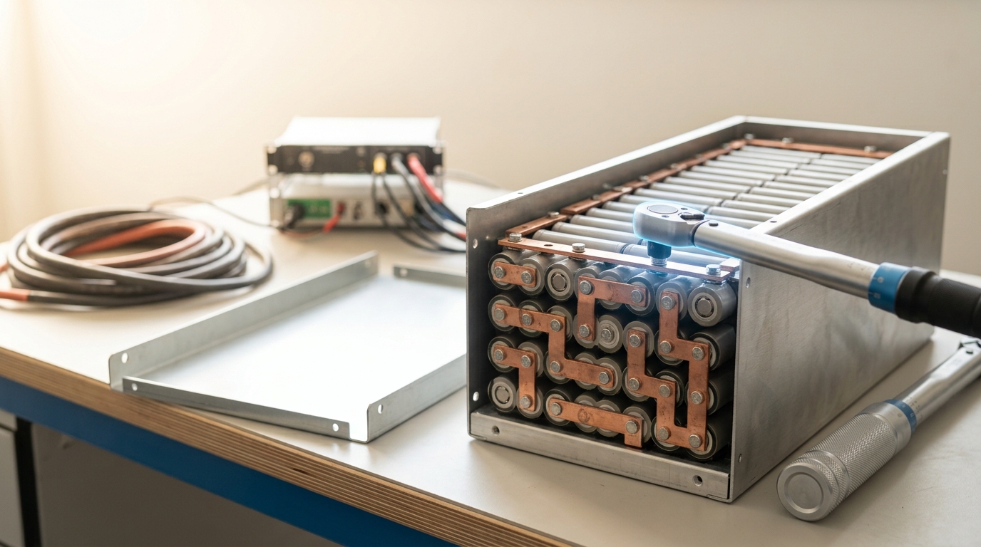 A rack-level supercapacitor buffer module on a test bench with its enclosure lid off, one busbar link caught mid-torque against the cell stack while a small load-bank rack cycles nearby