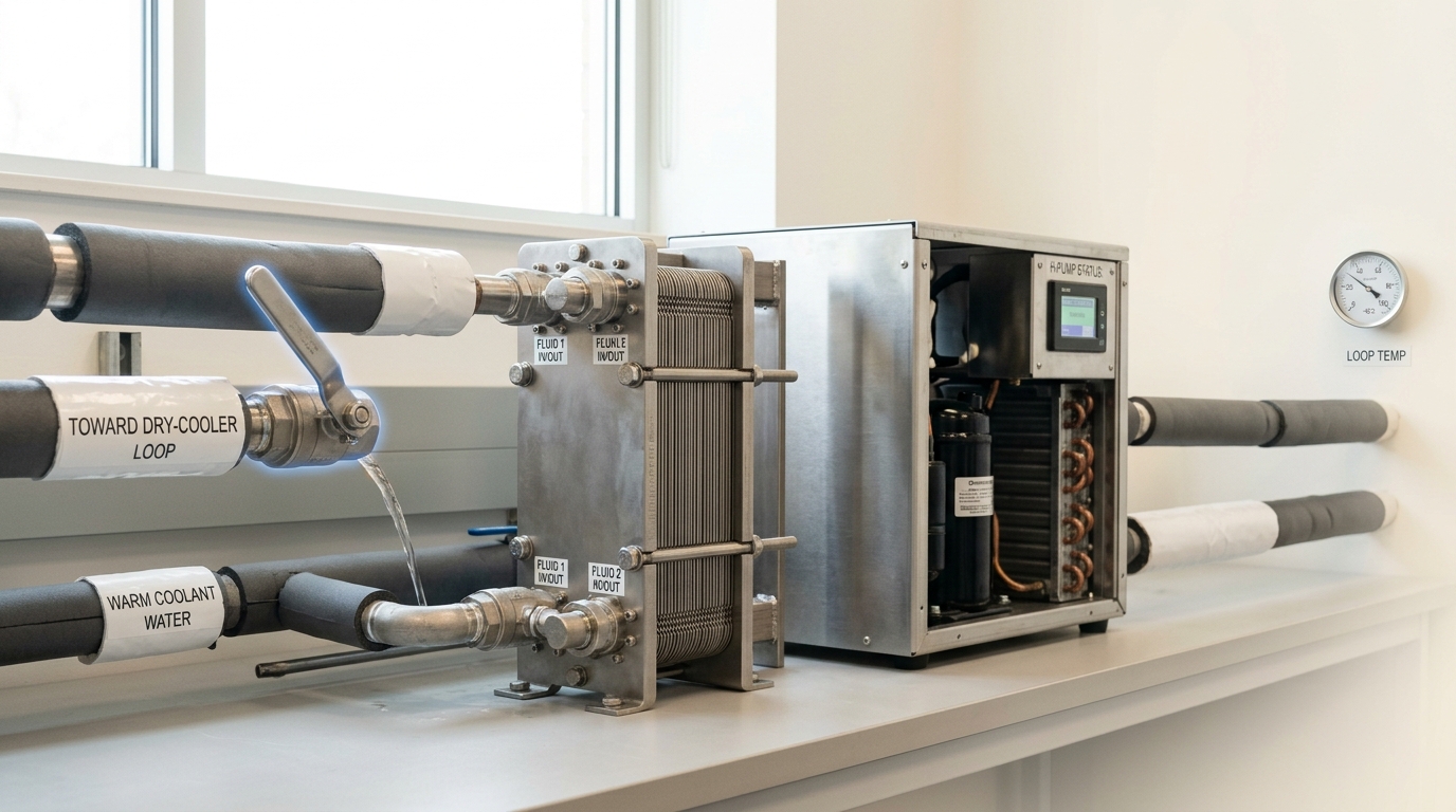 A plate heat exchanger and heat-pump skid on a test bench with a warm-return valve caught mid-turn, diverting flow away from a dry-cooler branch toward a recovery loop