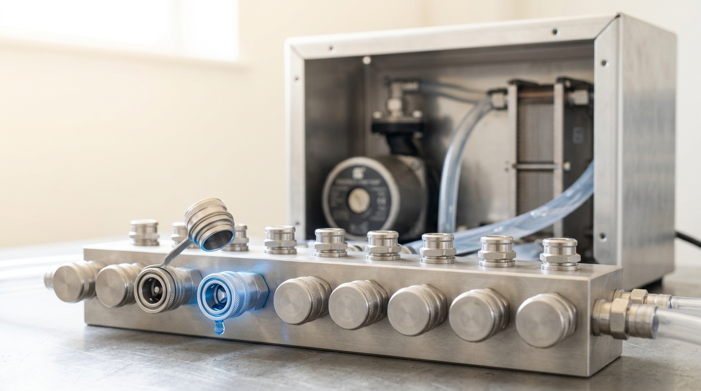 A coolant distribution unit's supply and return manifold mid-service on a bench, one blind-mate quick-disconnect coupling caught with its dust cap just lifted clear and its poppet not yet reseated