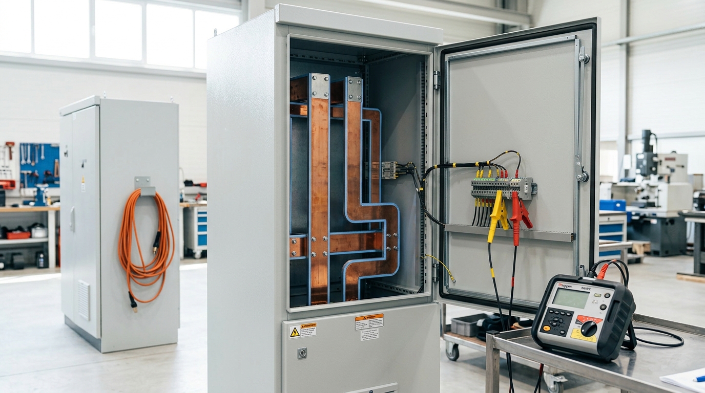 A medium-voltage switchgear cabinet on a test floor with one panel door swung open, exposing copper bus bars and a protection relay with test leads clipped on mid-check