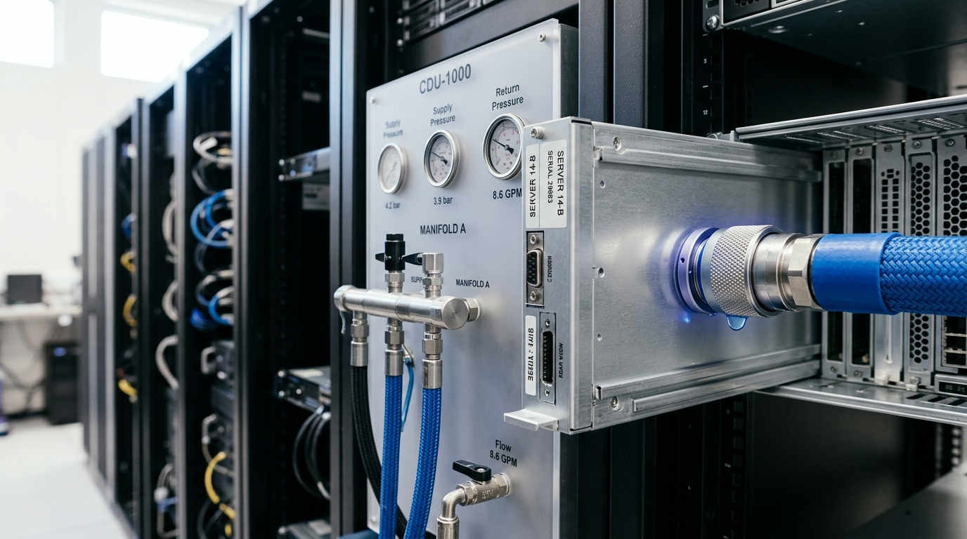 A coolant distribution unit with a hose still being connected to a server sled being slid into a rack