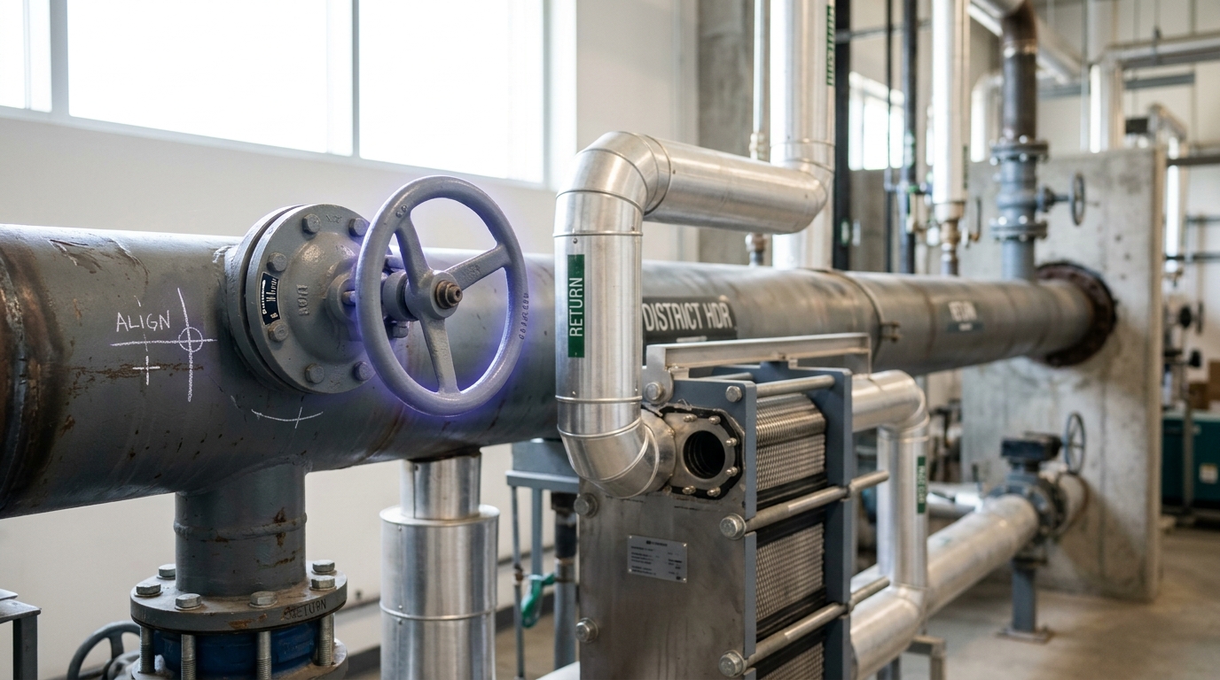 A plate-and-frame heat exchanger manifold feeding pipework toward a district heating header