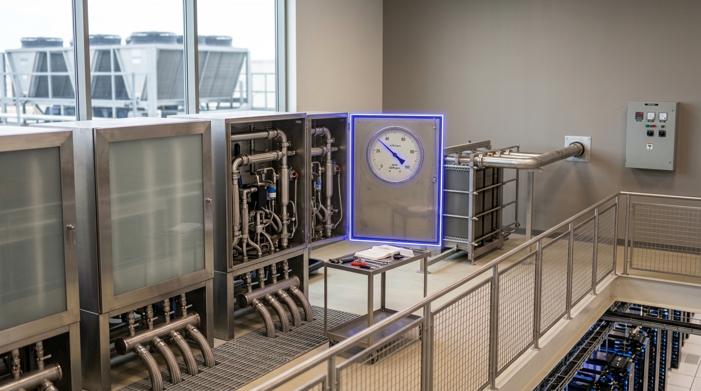 A bright mechanical mezzanine above a datacenter hall, showing coolant distribution units, a heat exchanger, and an immersion tank
