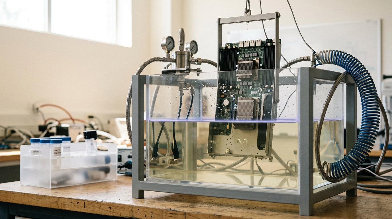 An open immersion-cooling tank with a server board being lowered on a hoist, dielectric fluid rippling