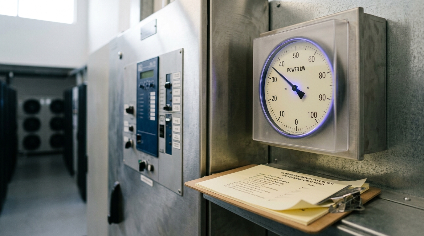 A utility interconnection metering and protective-relay panel at the point where grid power enters the mezzanine