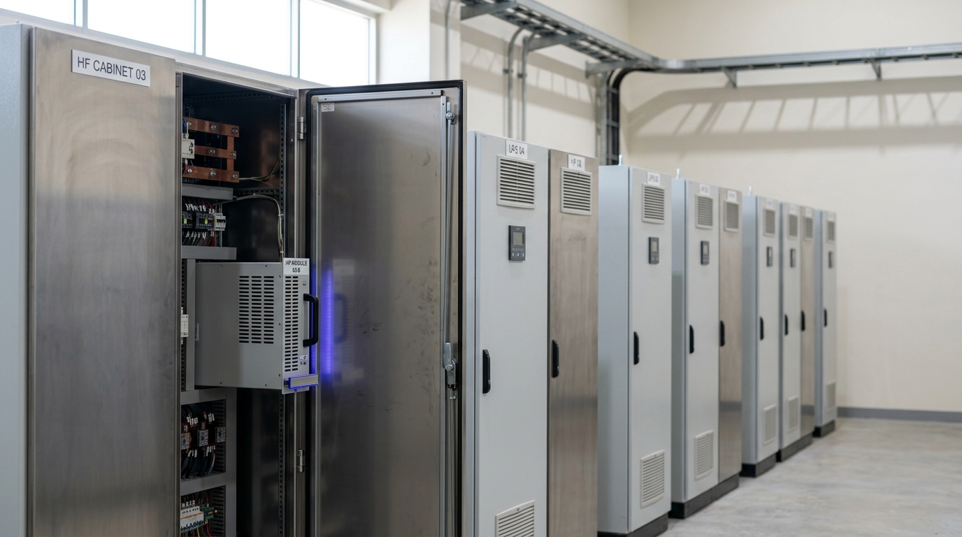A row of UPS and harmonic-filter cabinets with one cabinet door mid-close