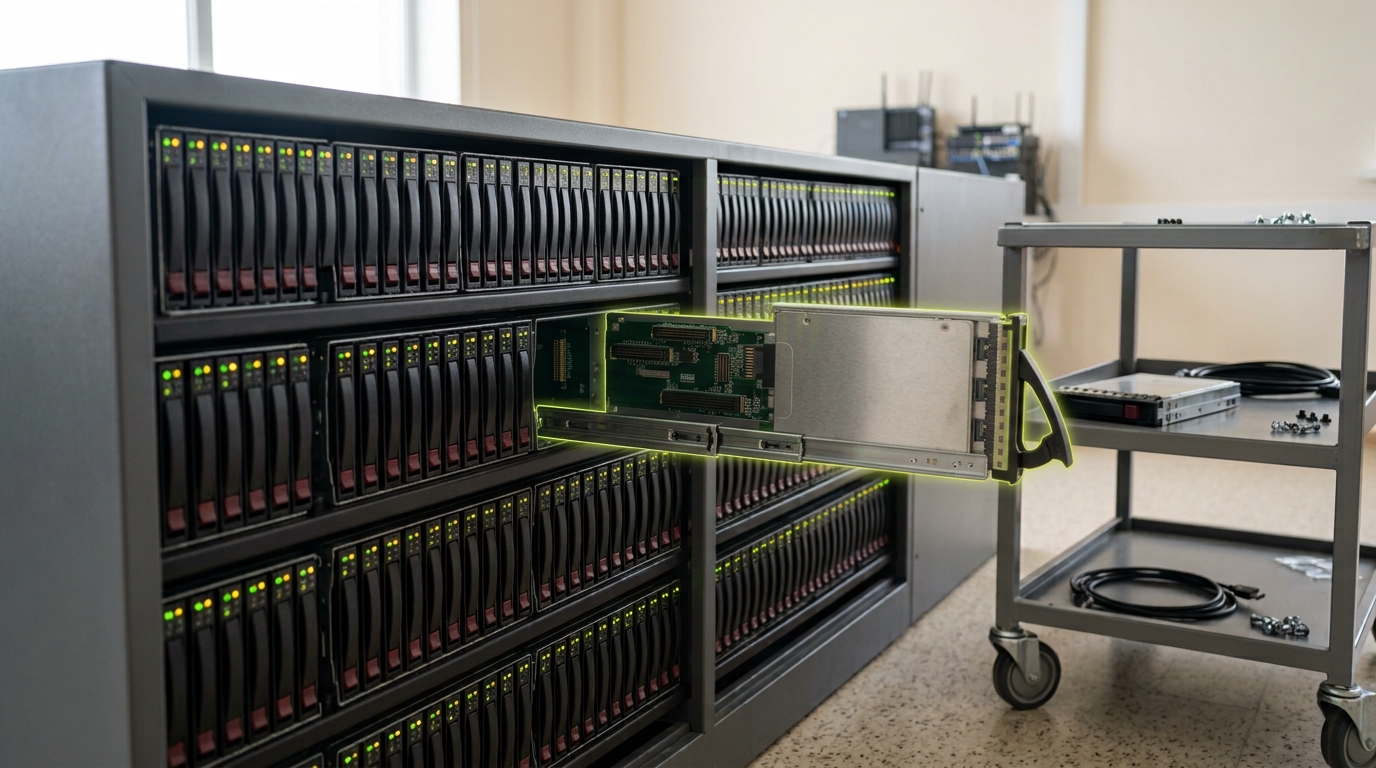 A storage array being serviced, one drive caddy drawn part-way out of its shelf on rails, a replacement caddy waiting on a service cart beside it