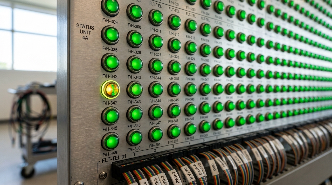 A close view of the fleet-health telemetry terminal bank, rows of physical status-indicator lenses mostly steady green, one lens caught mid-blink switching toward amber