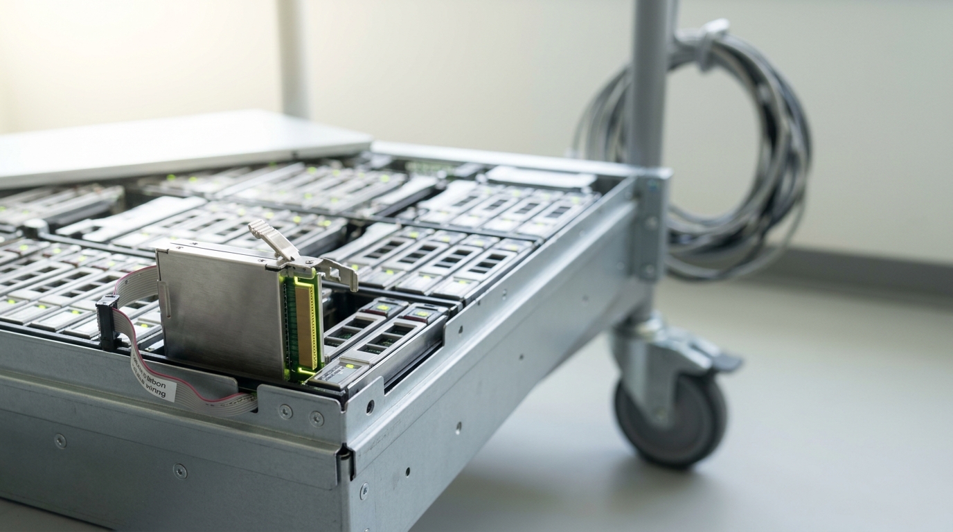 A checkpoint-write staging server opened on a service cart, its drive bays partly populated, one drive module caught only half-seated with its latch still open