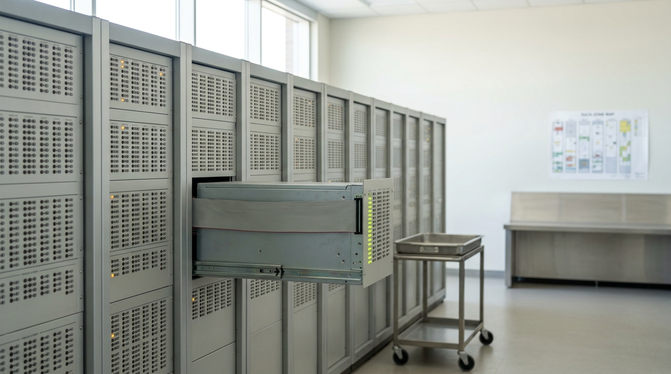A cluster-operations control room with a long bank of fleet-health telemetry terminals lit with rows of physical status-indicator lights, one terminal drawer caught half-open on its slides, and a failure-domain zone map mounted on the far wall