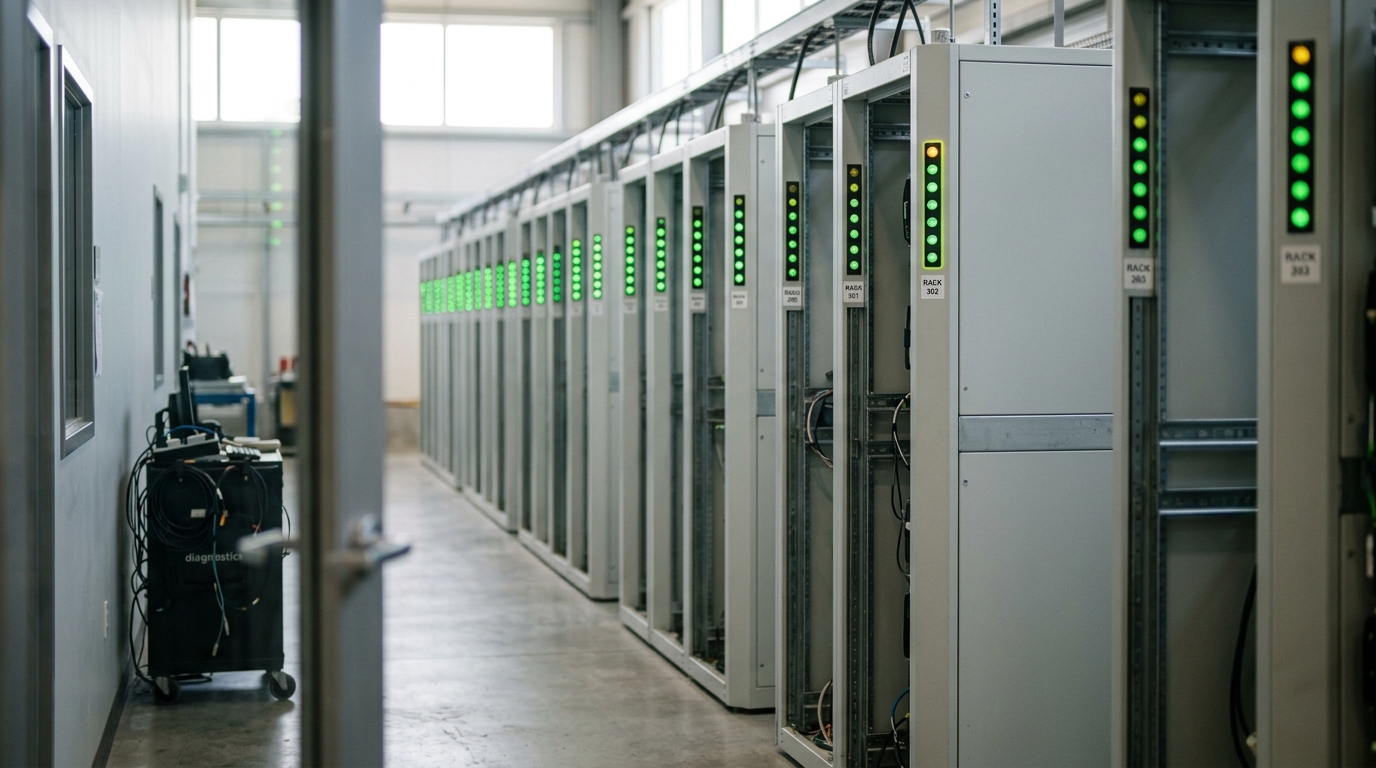 A row of accelerator racks seen from the control room, their status-indicator columns mostly switched from amber to steady green, one rack's column still caught mid-transition