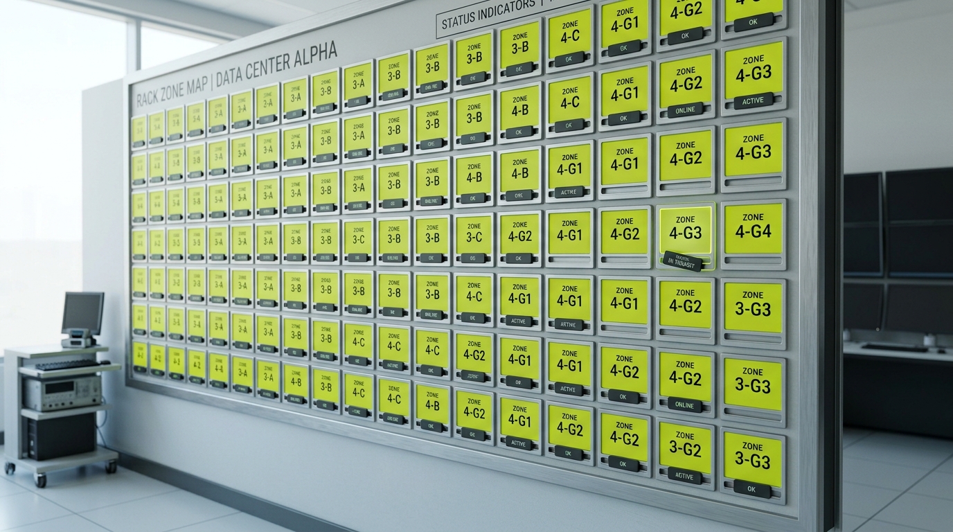 A physical failure-domain rack-zone map mounted on the control-room wall as a lit panel of labelled zone tiles, one tile's status tag caught mid-slide into its track