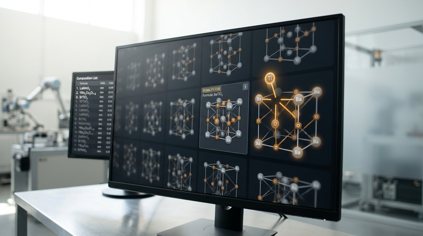 A workstation displaying a graph network's candidate crystal-lattice structures mid-generation, one lattice graph still assembling its node-and-edge connections beside a finished candidate with a stability score badge