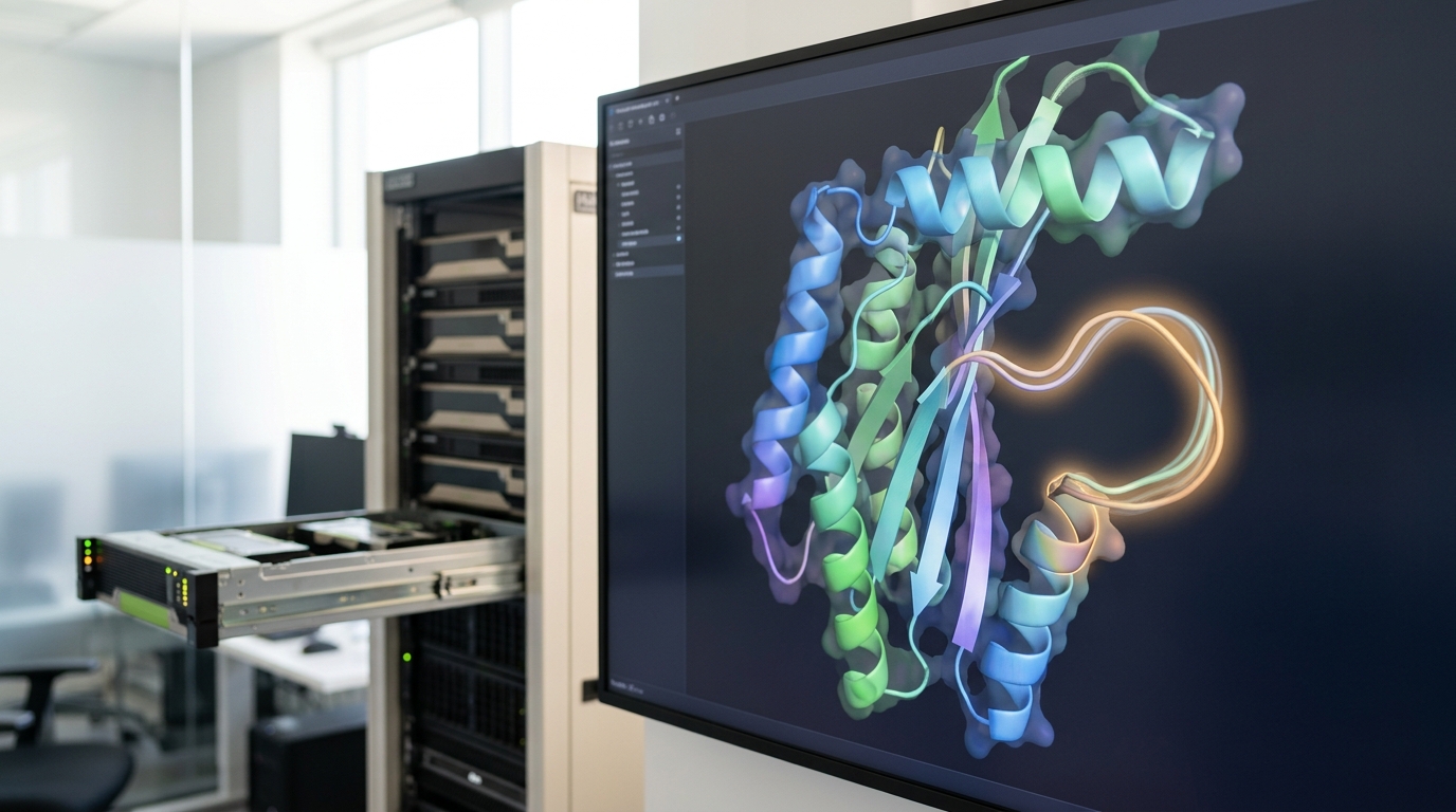 A structural-biology compute room with a large wall-mounted molecular visualization display showing a protein ribbon model mid-render beside a rack of GPU servers with one accelerator tray drawn part-way out