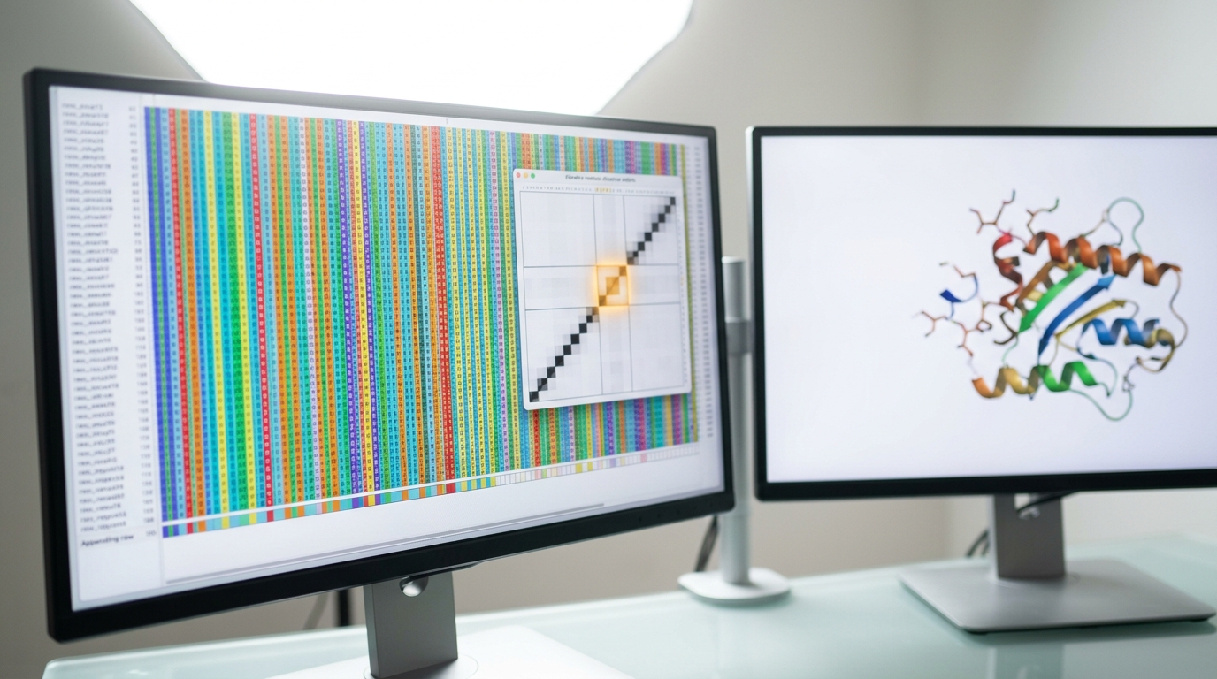 A dual-monitor workstation showing multiple-sequence-alignment tracks and a pairwise residue-distance matrix mid-update, with a partially formed molecular model on the second screen