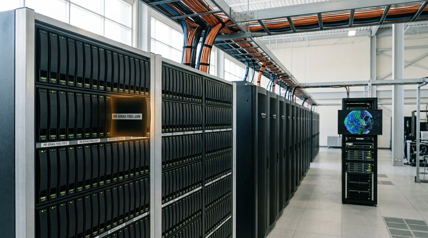 A weather-model supercomputing hall with a reanalysis-data storage array feeding cabling into a server row, a spherical mesh visualization glowing faintly on a monitor at the row's end