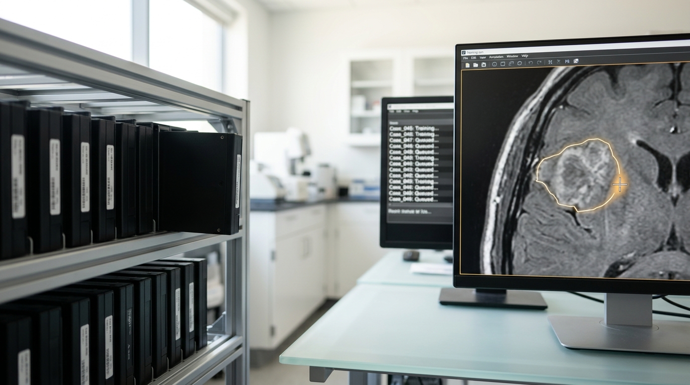 A medical-imaging AI workstation beside a shelf of de-identified scan archive drives, a training-run monitor showing a partially drawn annotation outline on a cross-sectional image