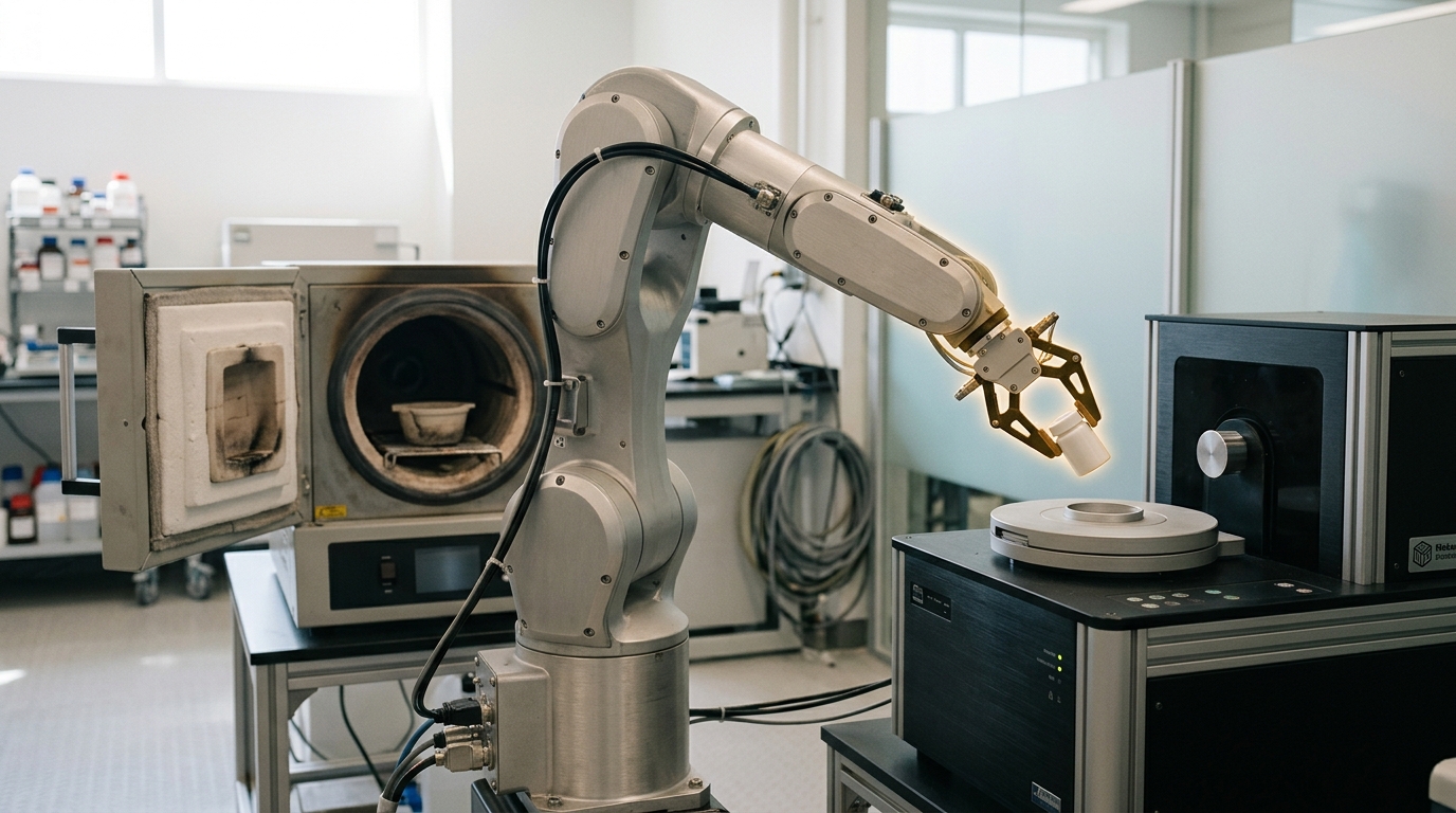 A robotic solid-state-synthesis arm transferring a freshly fired sample vial toward an X-ray diffraction instrument in a bright automated materials lab, a furnace door still open behind it