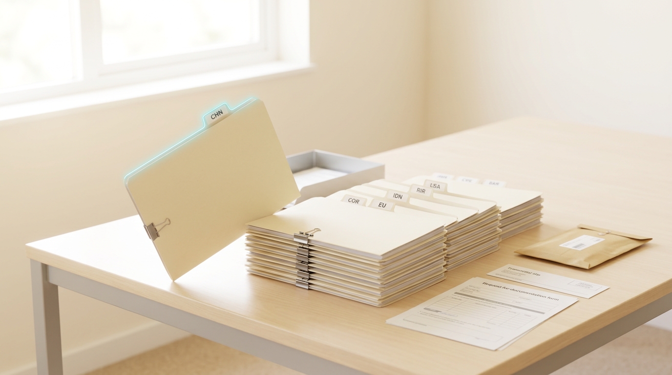 A cross-border case-file board with tabbed dossiers from several national market-surveillance authorities stacked in a row, one folder caught tilted mid-lower onto the stack, its country-code tab still raised clear