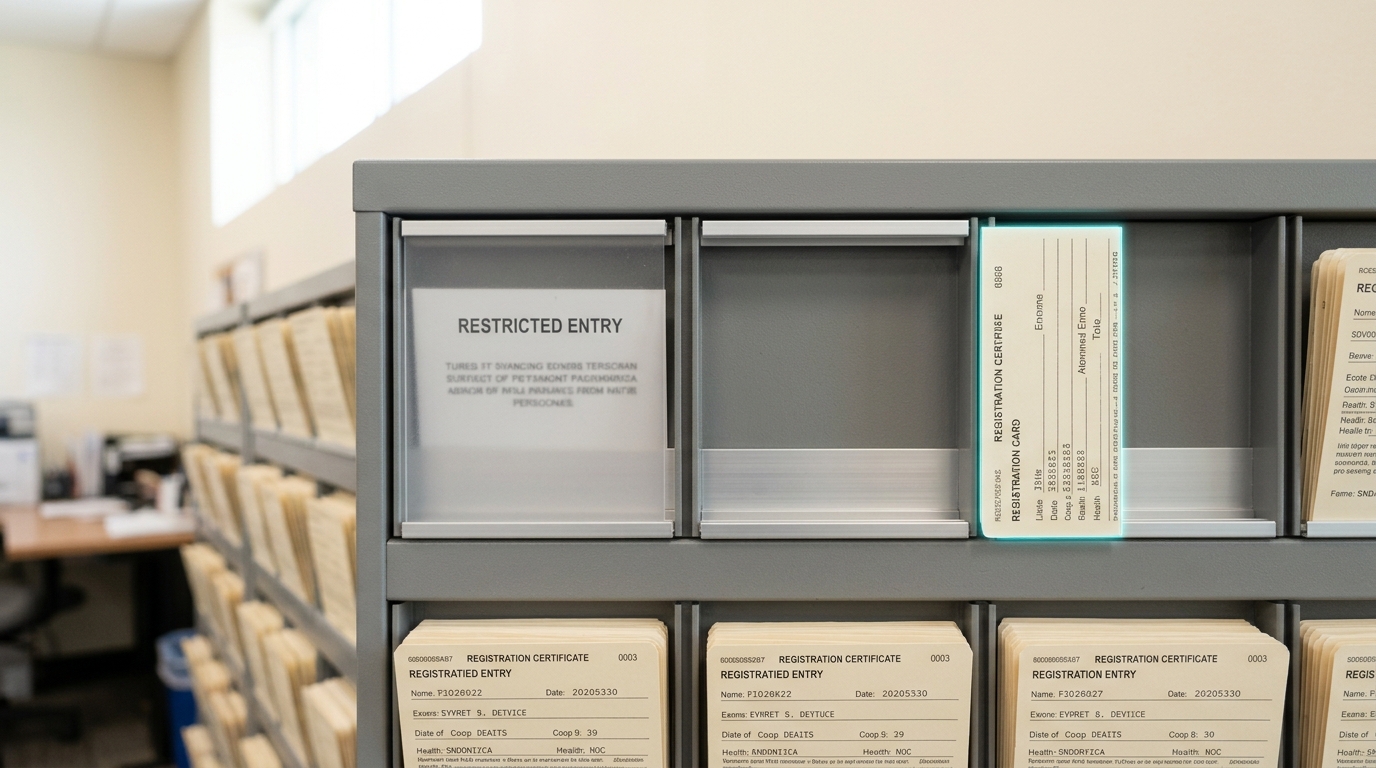 A registration-certificate rack for the public AI-system database with rows of slotted entry cards, one new card caught half-inserted into an empty slot, its printed edge still proud of the rack face