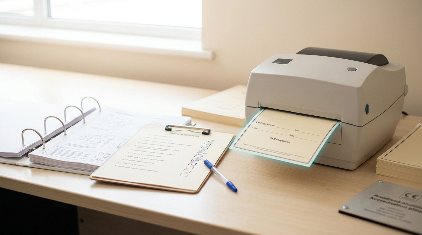 A notified-body document-check bench with a technical-documentation binder open against a clipped requirements checklist, a certificate blank emerging part-way from a desktop printer beside it