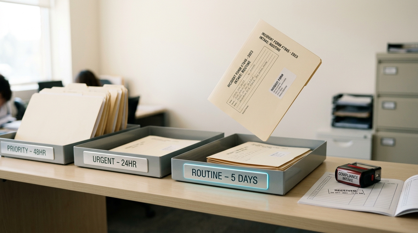 An incident-intake desk with three labelled triage trays for reporting deadlines, an incoming incident folder caught mid-drop into the shortest-deadline tray, a date stamp resting tilted beside a freshly inked impression