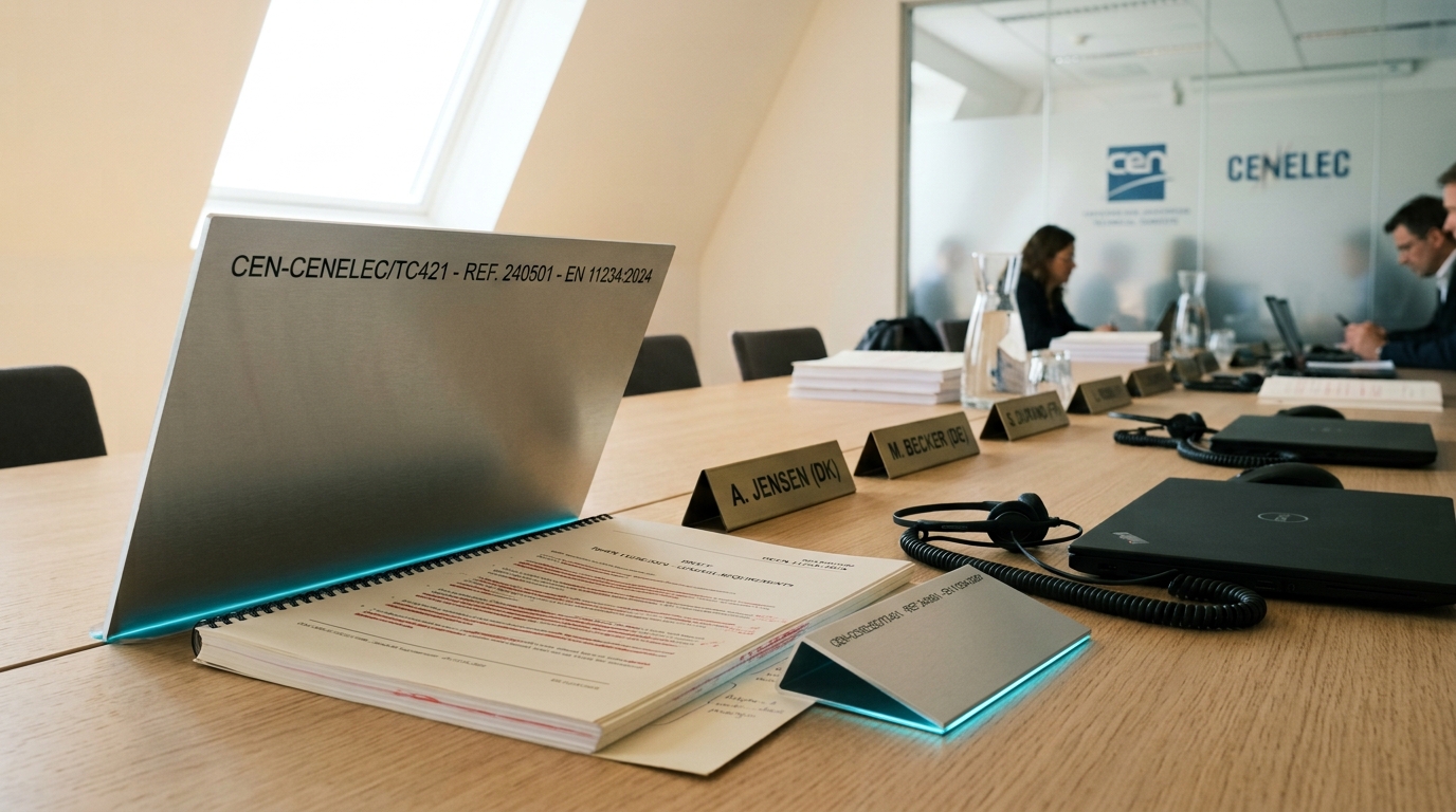 A CEN-CENELEC-style technical committee table with a draft harmonised standard open under red-line marks and national delegate nameplates in a row, a small reference plate caught tilted mid-lower onto the draft's cover page, not yet seated flat