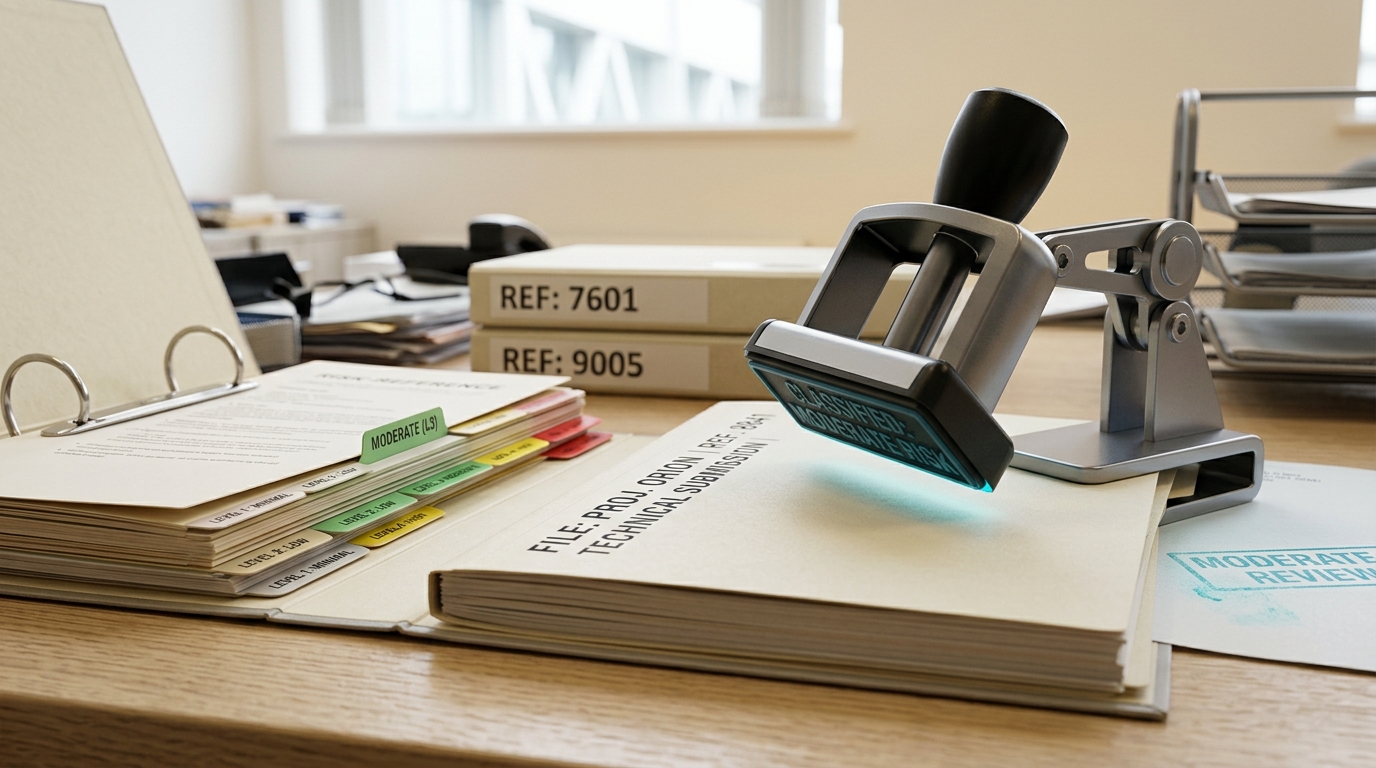 A classification review desk with a tiered risk-reference binder open beside a technical file, a self-inking stamp on its pivot arm caught mid-swing just above the file's cover sheet, not yet pressed down