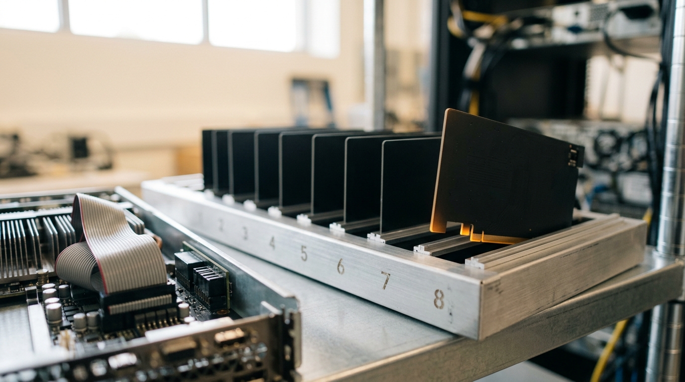 A batching holding tray beside a GPU chassis, one request card caught mid-slide into an open batch slot while several already-seated cards sit flush in their bays