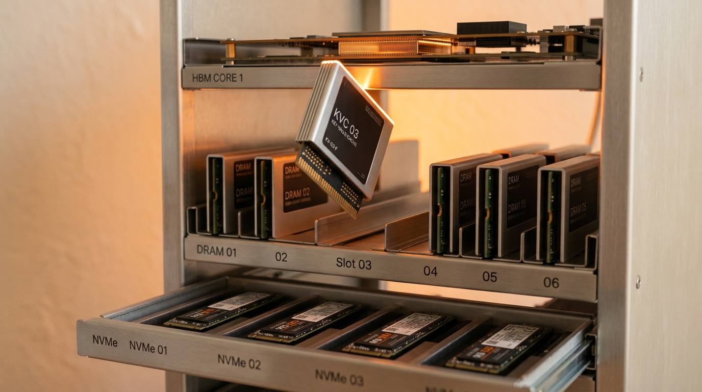 A tiered cache shelf with a key-value cache cartridge caught mid-drop from the fast HBM tier down toward the slower DRAM cartridge bay below