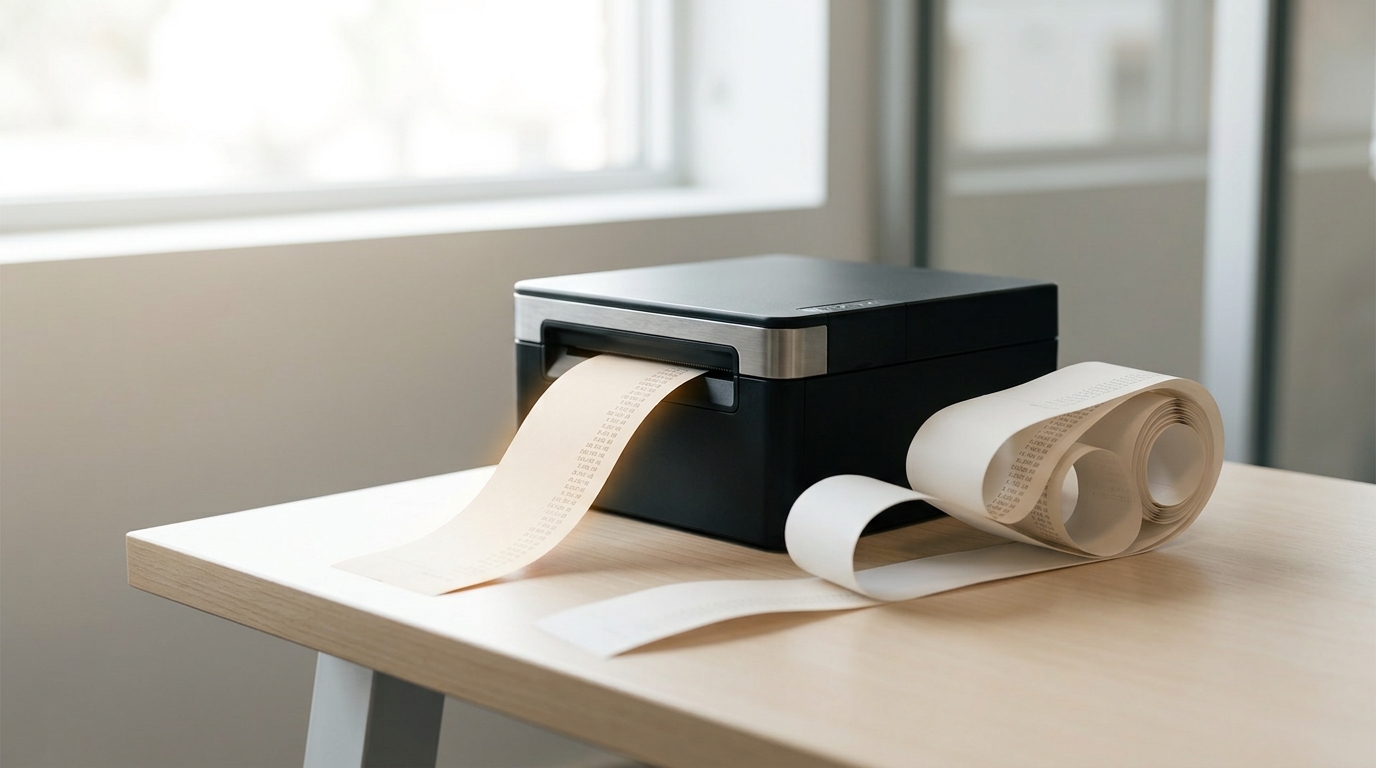 A billing-reconciliation desk beside the pod with a printed cost ledger strip caught mid-feed from a small desk printer, one line item still unresolved