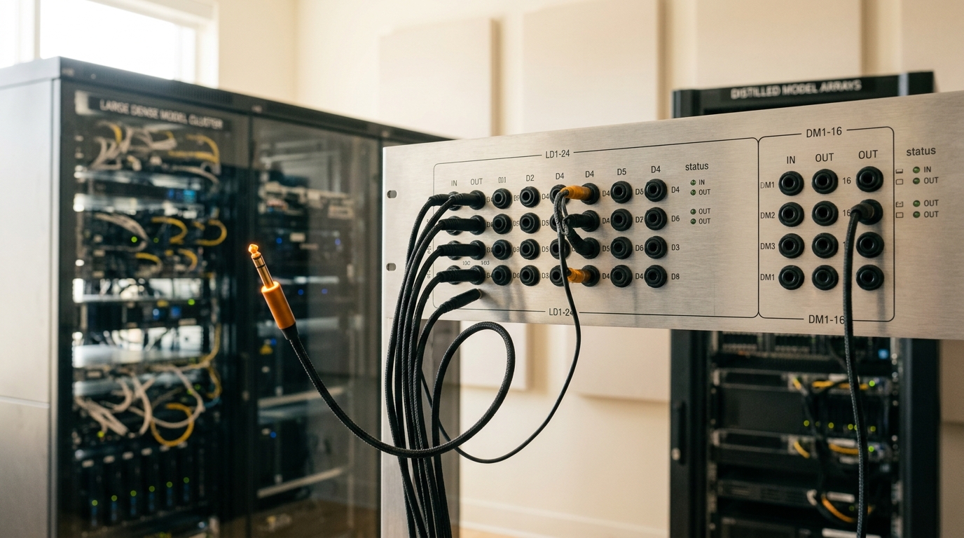 A brushed-steel routing patch bay with one amber patch cord caught mid-air between the small-model rack jack and the large-model rack jack