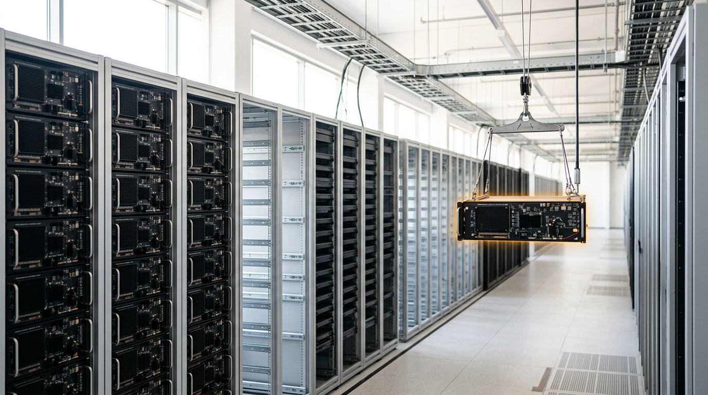 A row of accelerator rack bays receding down the aisle, half populated with trays and half standing open and empty, one crane hoist caught lowering a new tray into an open bay