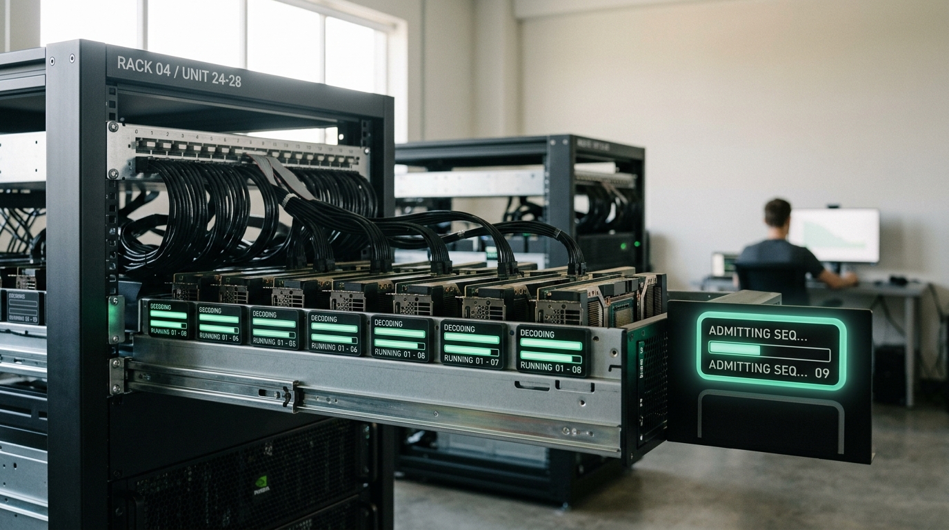 A GPU accelerator tray mid-batch with one card's occupancy panel catching a new sequence slot filling in while its neighbours run an established decode step