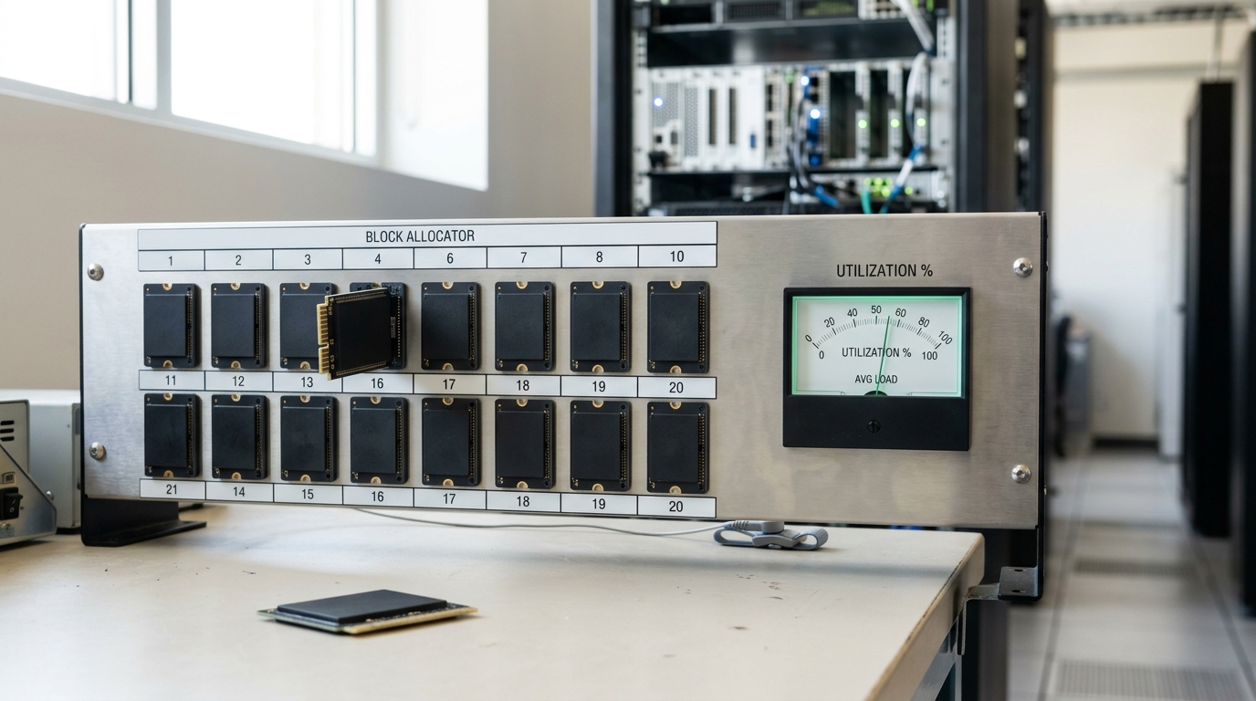 A memory-paging bench with a row of key-value cache memory carriers slotted into a block allocator, one carrier caught half-withdrawn as it is paged out to free capacity