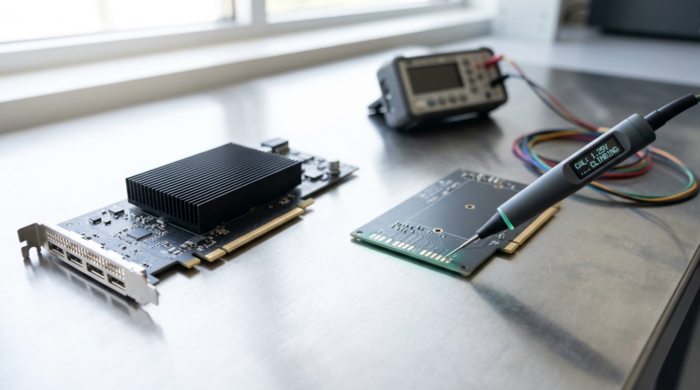 A precision-calibration workstation with a reference accelerator card beside a card being converted to lower-precision serving, a calibration probe resting against its edge mid-reading