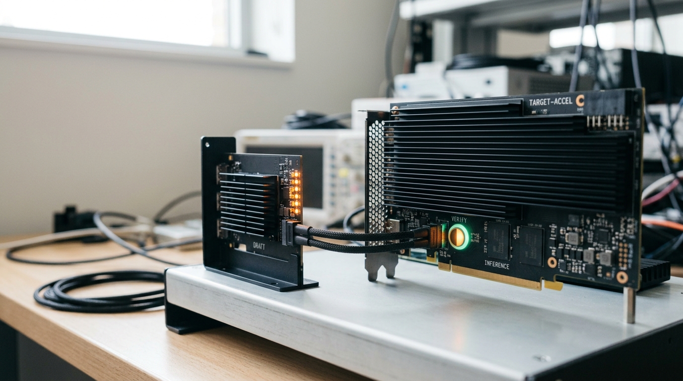 A small draft accelerator card wired beside a much larger target accelerator card, a short row of proposed-token indicator lights lit on the draft card while the target card's verification light is caught mid-toggle