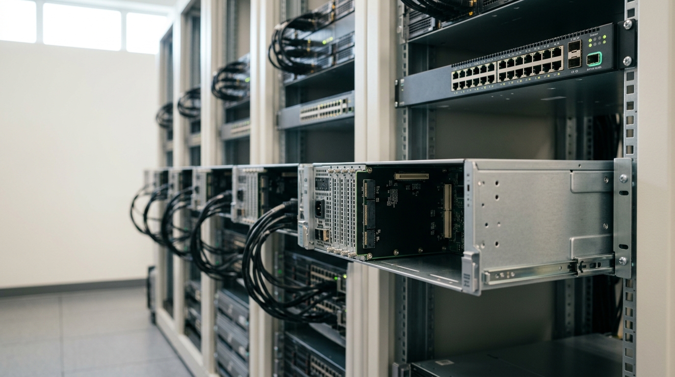 A row of expert-shard server nodes with a router switch directing traffic, one heavily loaded shard's mirrored copy caught part-seated onto a fresh node beside it