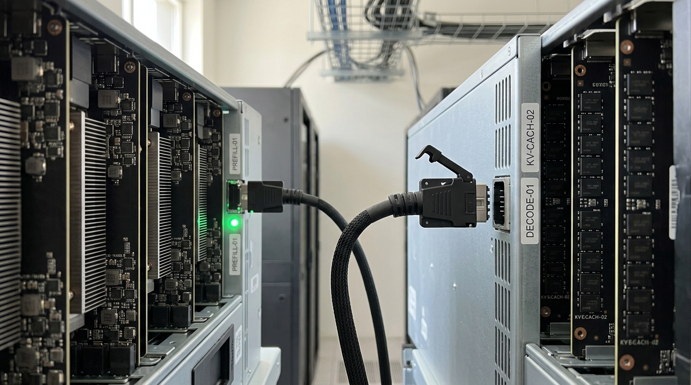 A rack aisle split into two adjacent zones, a compute-dense prefill chassis on one side and a leaner decode chassis on the other, with a KV-cache transfer cable caught mid-plug between them