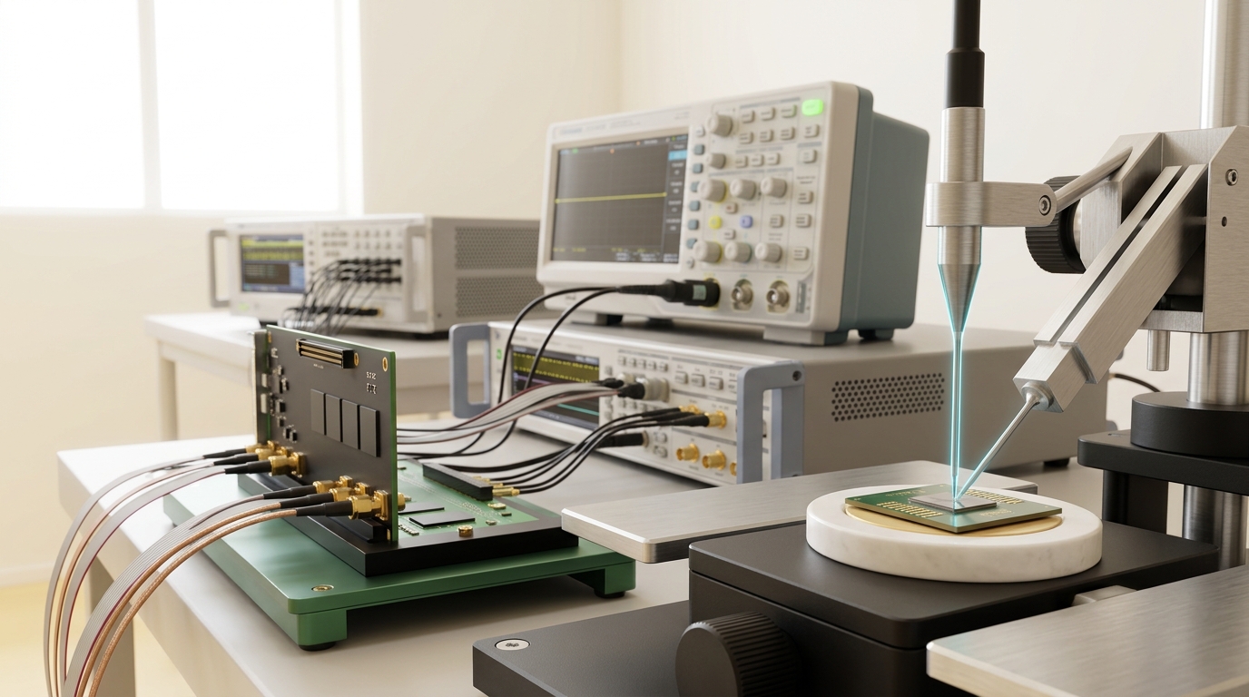 A memory signal-test bench with a probe station in the foreground, its micromanipulator arm lowering a tungsten needle toward an HBM interposer sample, a CXL riser wired into a protocol analyzer beside it, and an oscilloscope and logic-analyzer pod standing further back