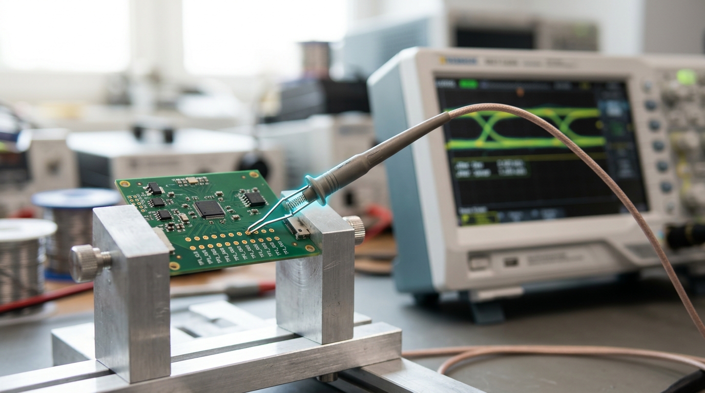 An active differential probe caught mid-attachment onto a memory timing test point on a small carrier board, with an oscilloscope standing to the side showing a partially traced eye pattern